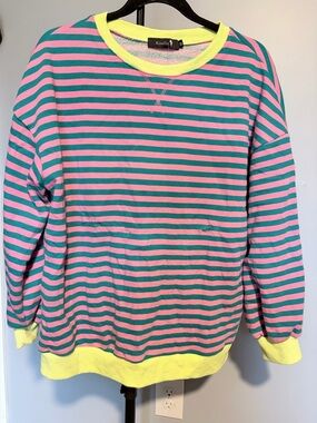 Kissfix Pink & Teal Striped Crewneck with Neon Yellow Trim